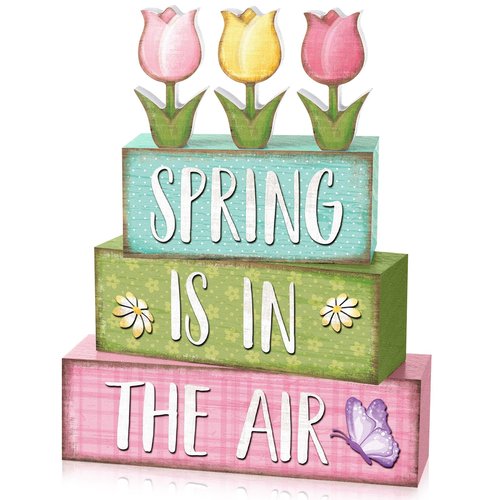 Marsui 4 Pcs Spring Table Decorations Tulip Flower Wooden Block Signs Pastel Tulip Tabletop Centerpieces Farmhouse Distressed Easter Spring Decor for Home Table Kitchen Shelf Tiered Tray Decor