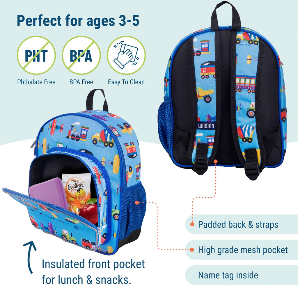 Wildkin 12-Inch Kids Backpack Bundle with 16 oz Reusable Water Bottle – Durable, Lightweight School & Travel Set - Trains, Planes & Trucks