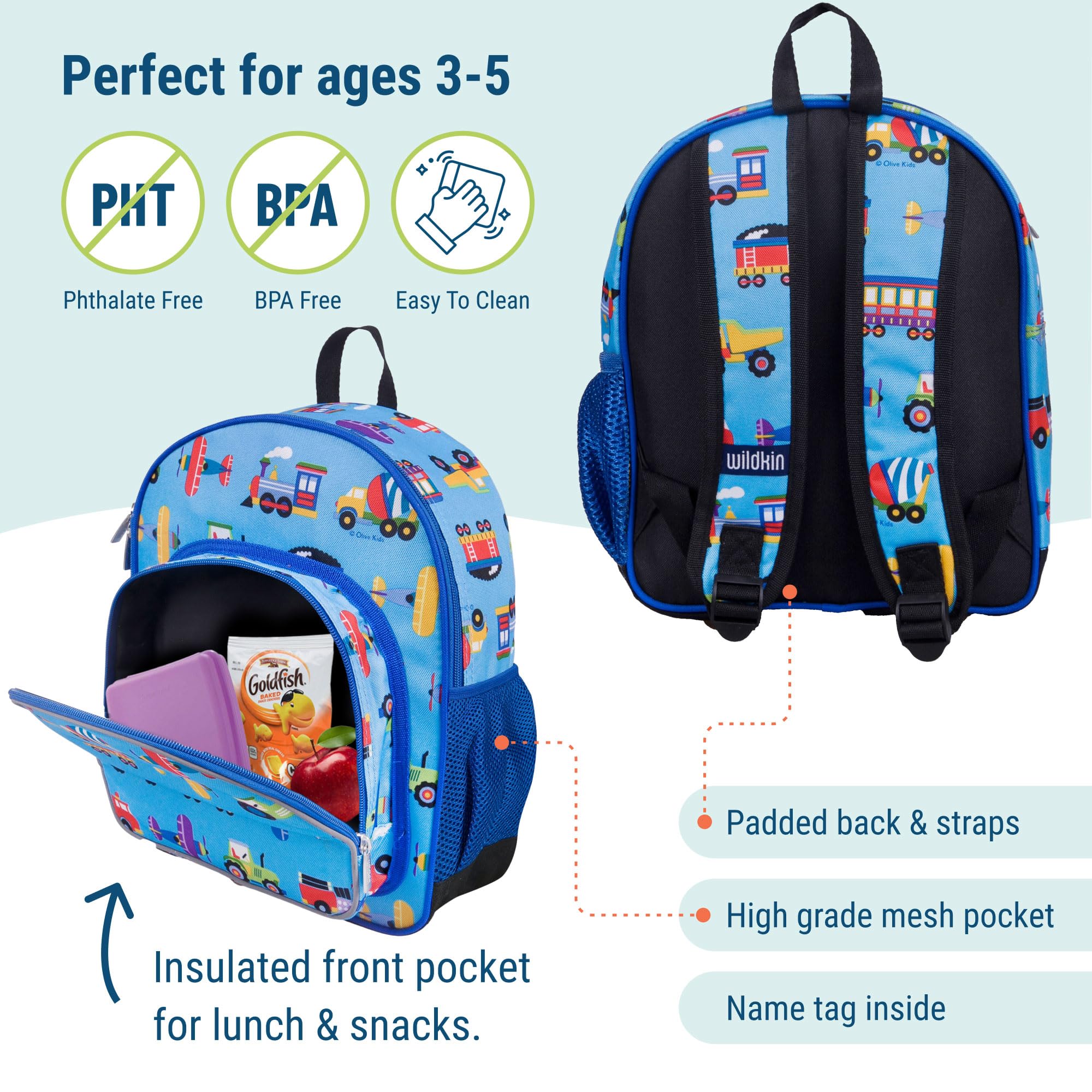 Wildkin 12-Inch Kids Backpack Bundle with 16 oz Reusable Water Bottle – Durable, Lightweight School & Travel Set - Trains, Planes & Trucks