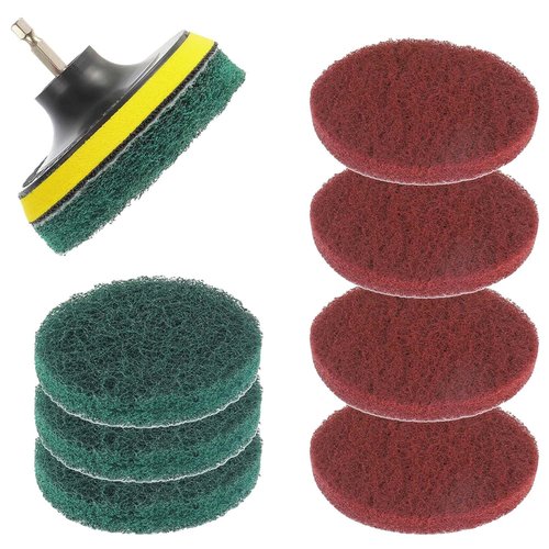 EPLZON 4 Inch Scrub Drill Brush Power Scouring Pads Household Cleaning Set for Kitchen Bathroom 4 Red Pads 4 Green Pads 1 Drill Attachment and 1 Universal Shaft