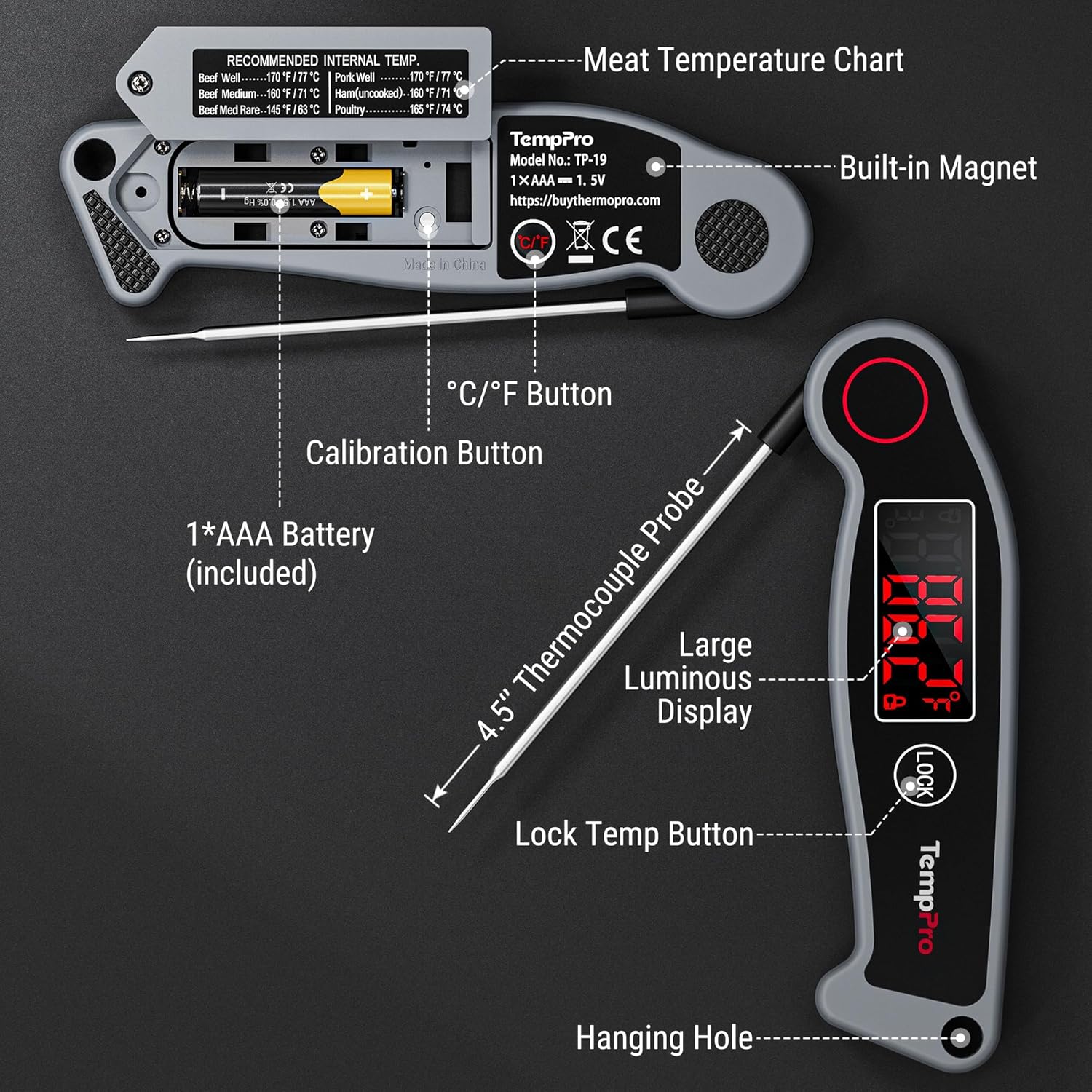TempPro TP19 Waterproof Digital Meat Thermometer - Instant Read with Ambidextrous Backlit Display | Perfect for Grilling and Cooking