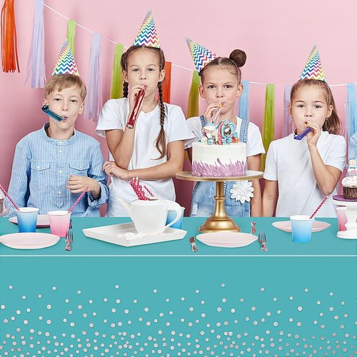 Breling Disposable Tablecloth Set - Teal Blue & Silver Dot Design | 54 x 108 Inch for Parties & Events