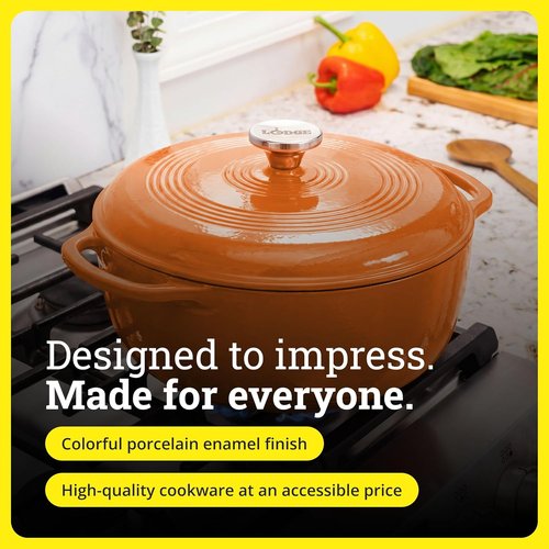 Lodge Essential Enamel Cast Iron Dutch Oven - 6-Quart Apricot - Ideal for Baking, Braising & Slow Cooking
