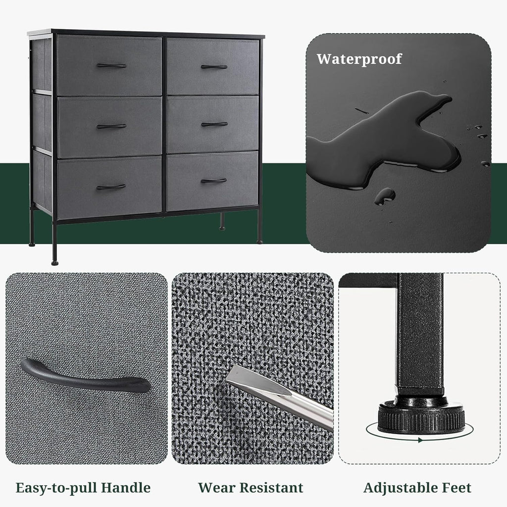 Skiennix 6-Drawer Dresser - Stylish Anti-Tip Storage Organizer with Wooden Top & Metal Frame | Gray
