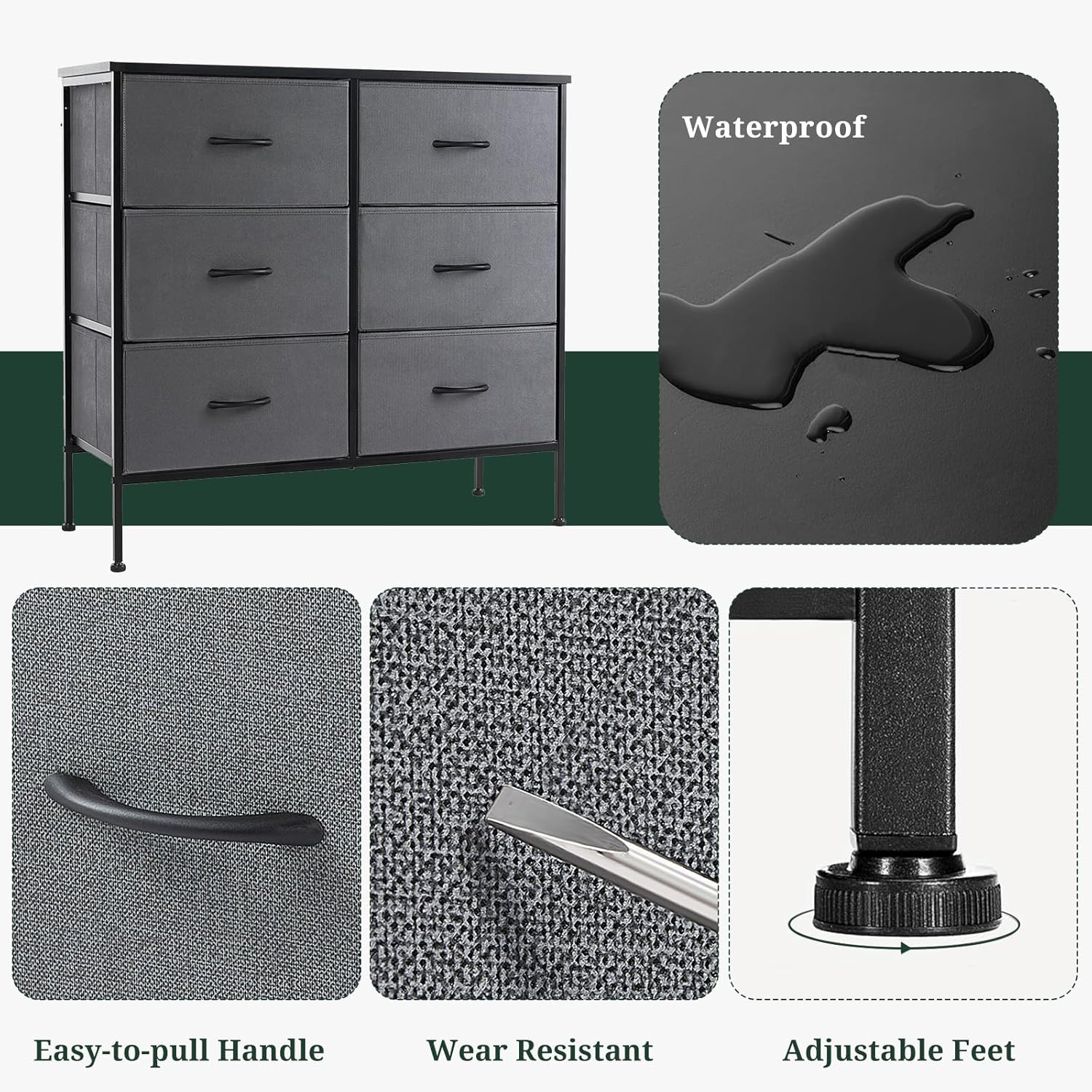 Skiennix 6-Drawer Dresser - Stylish Anti-Tip Storage Organizer with Wooden Top & Metal Frame | Gray