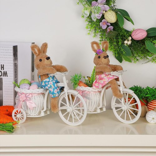 Juegoal Easter Tabletop Decorations - Set of 2 Cute Bunny Couple Figurines | 10" Rabbits on Bike