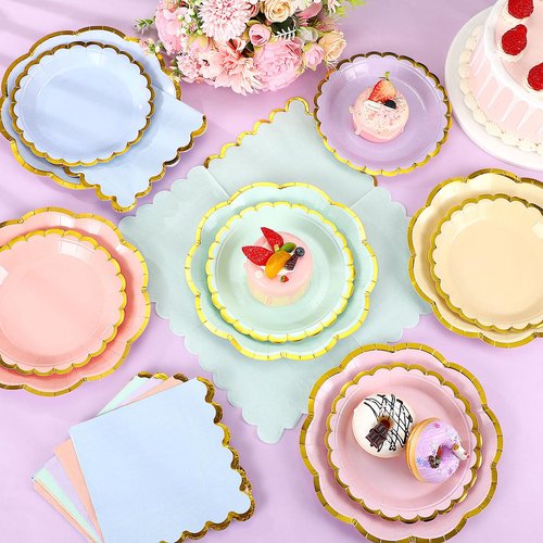 Skybooly 144 Pcs 48 Guests Pastel Rainbow Party Paper Plates and Napkins Sets Heavy Duty Pastel Scalloped Party Plates Napkins Disposable Rainbow Supplies Decoration for Bridal Baby Shower Wedding
