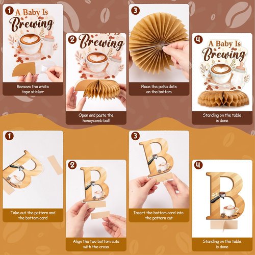 ANGOLIO 12 Pieces Coffee Baby Shower Party Honeycomb Centerpieces Coffee Latte Centerpieces Baby Is Brewing Honeycomb Party Decorations 3D Photo Prop for Gender Reveal Party