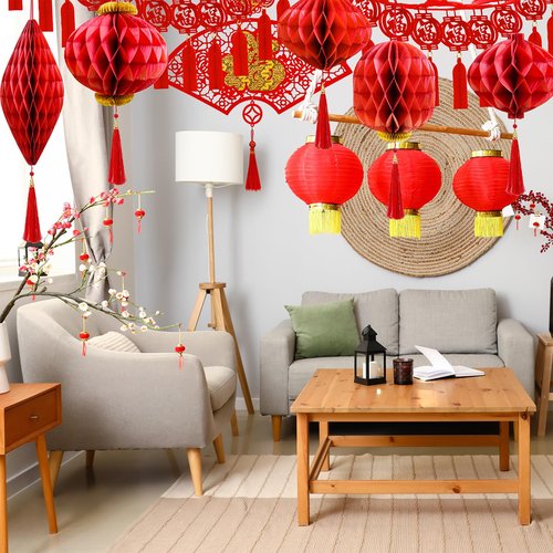 Winlyn Chinese Lunar New Year Party Decorations Good Luck Garlands Red Paper Lanterns with Tassels Lucky Fu Ornaments for Asian Vietnamese Chinese TET 2026 Year of the Horse Home Wedding Holiday Decor