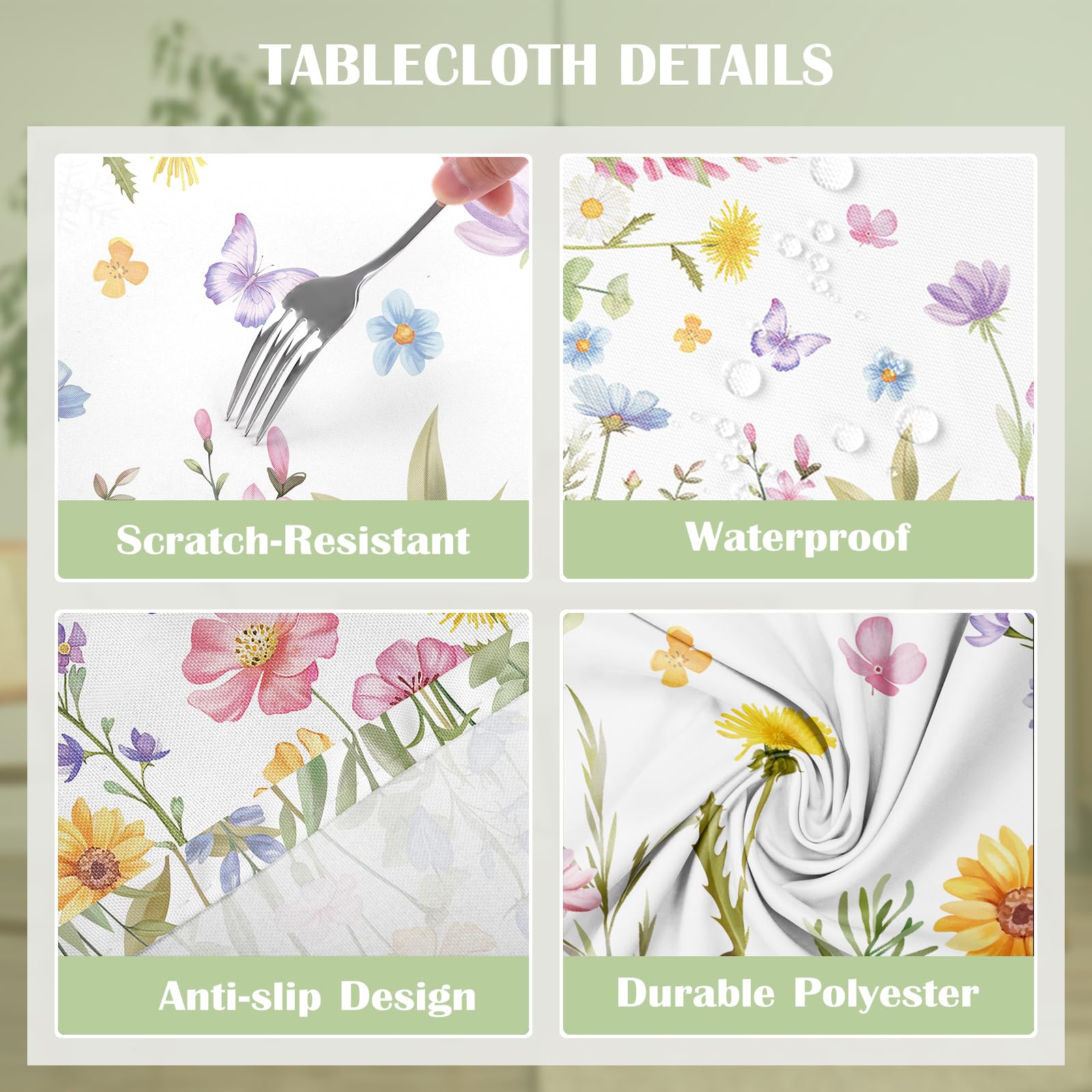 Arquiel Spring Summer Tablecloth Waterproof, Wild Flowers Butterfly Table Cloth Rectangle, Washable Table Cover for Party Picnic Wedding Outdoor Dining Decor (60×104 Inch)