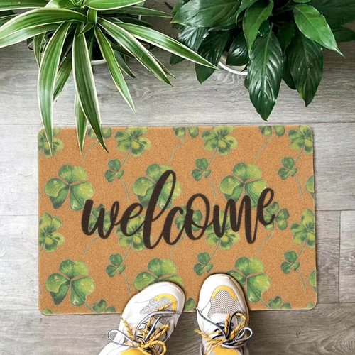 XuoAz St. Patrick's-Day-Clovers-Welcome-Mats Outdoor-Entrance Green-Shamrock-Outdoor-Doormat Non Slip Coir Front Door Mat for Irish Home Decor 17" x 29"