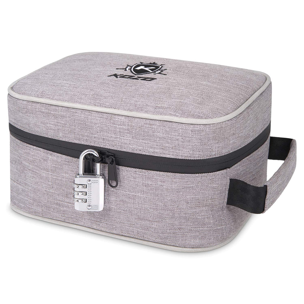 KOZO Smell proof Bag with Combination Lock – Portable Bags with Tightly Locking Zippers and 7 Layers of Carbon-Woven Fabric – Durable Case, 4.9 x 6.7 x 8.7 In. (Gray)