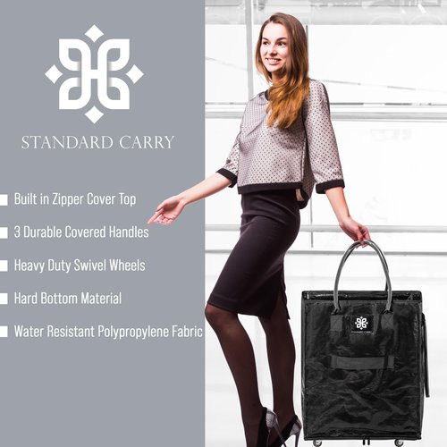 STANDARD CARRY Reusable Grocery Bag With Wheels | Foldable Rolling Tote With Handles | Zipper Closure | Waterproof | Carry up to 65Lbs [Medium, Black]