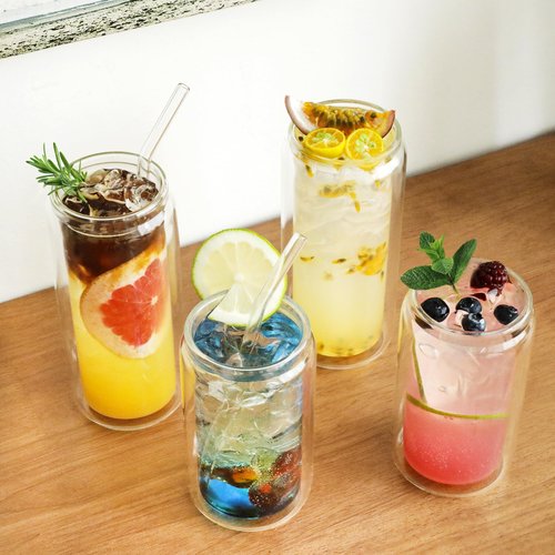 LIBWYS 12oz Double Wall Drinking Glass Cups with Bamboo Lids and Straws, 2 Pc Set – Condensation Resistant Insulated Glass Can Tumblers for Cold Drinks, Iced Coffee, Tea, Juice, Cleaning Brush