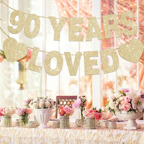 90 Years Loved Banner for 90th Birthday Decorations for Men Women Pre-Strung 90th Birthday Banner 90th Party Decorations Gold Glitter