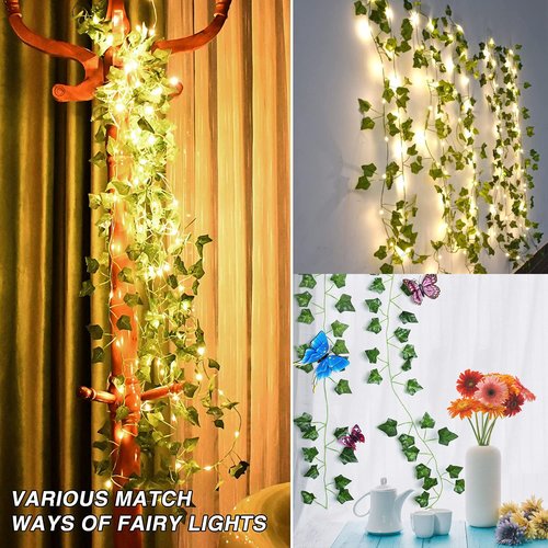 Fielegen 2 Pack 6.56ft Vines with Lights, 40 LED Fake Ivy Garland with Lights Battery Operated Green Leaf Vines Fairy String Lights, Hanging Ivy Light for Valentine's Day Bedroom Garden Patio Decor