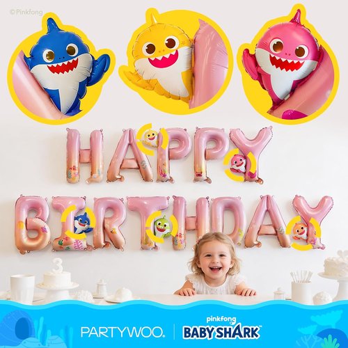 Baby Shark | PartyWoo 37-Piece Foil Balloon Set - Pink Round & Star Mylar Birthday Decorations for Kids