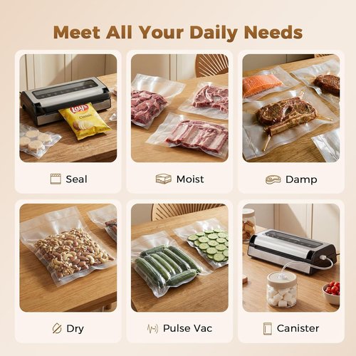 Automatic Food Vacuum Sealer Machine - 180W Kitchen Sealer with Hands-Free Suction & Built-in Cutter | Includes 2 Rolls & 10 Bags