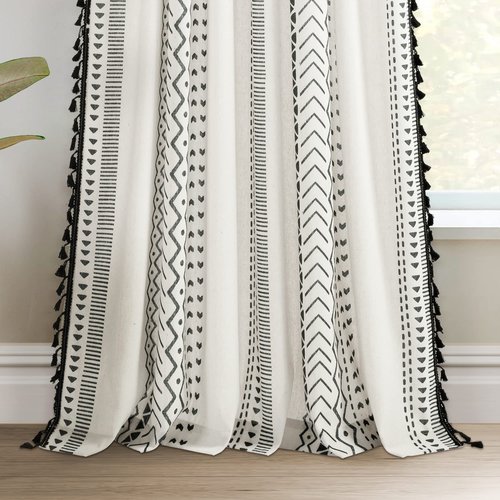 Lush Decor Hygge Boho Stripe Tassel Window Curtain Panel Pair, 52" W x 84" L, Black & White