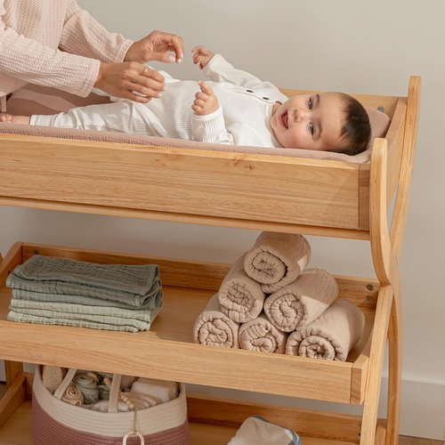 Comfy Cubs Baby Changing Table - Sturdy Wood Design with Two Open Shelves for Infant Essentials - Natural Finish