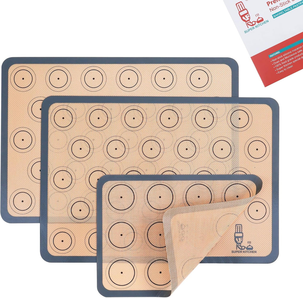 Silicone Baking Mat Macaron - Non-Stick Set of 3 | 2 Half Sheet Liners & 1 Quarter Sheet, Grey (16.5x11.6)