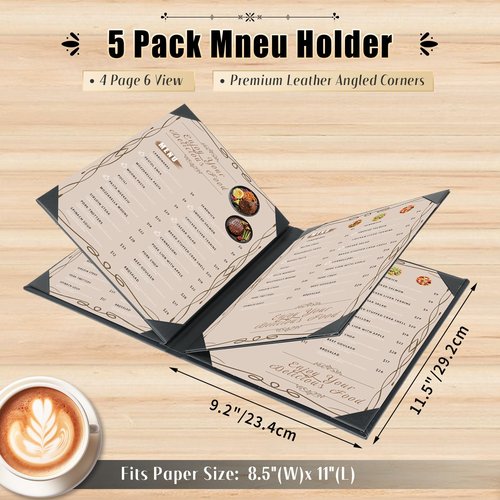 FLKQC Restaurant Menu Covers Holders 8.5" X 11" | Pack of 5 Synthetic Leather 6 View Menu Holder Covers Book Style with Angled Corners Black for Wine List (5, 6 View (8.5" x 11"))