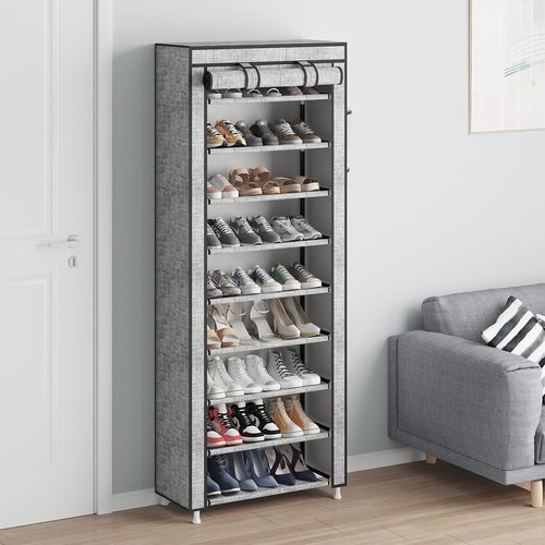 Calmootey 9 Tier Shoe Rack Organizer,Portable Shoe Shelf with Nonwoven Fabric Cover for Closet Hallway,Bedroom,Entryway, Ash Grey