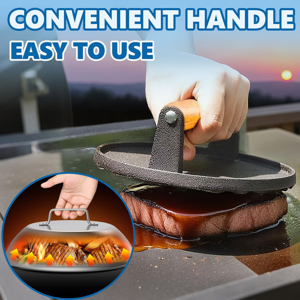 SafBbcue Round Cast Iron Smash Burger Grill Weight Press Tool & Griddle Steamer Melting Dome 12" Round Stainless Steel Basting Cover for Blackstone Griddle, Griddle Food Cover Dome for Flat Top Grills