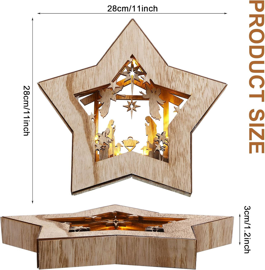 Regine Switzerland Wooden Nativity Scene Set - Rustic Christmas Tabletop Decoration with LED Light