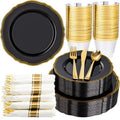 Hioasis 175pcs Black and gold Plastic Plates - Gold Plastic Dinnerware Set Includes 25 Dinner Plates, 25 Dessert Dinnerware, 25 Cups, 25 Napkins Perfect for Wedding & Party