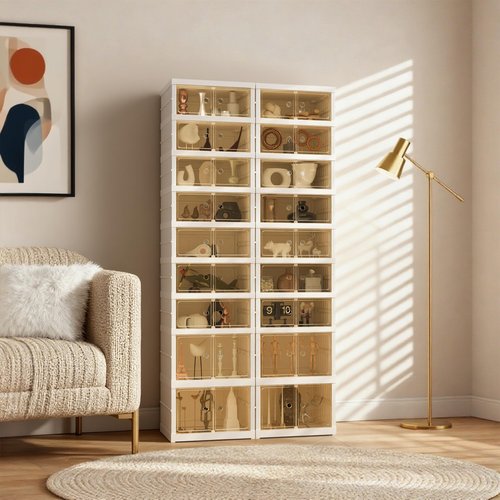 Tykacna Foldable Shoe Organizer Storage Box, Portable Extra Large Folding Shoe Rack for Closet, Shoe Storage Box with Magnetic Transparent Door and Wheels, 9 Layers 18 Grids with 4 Big Grids