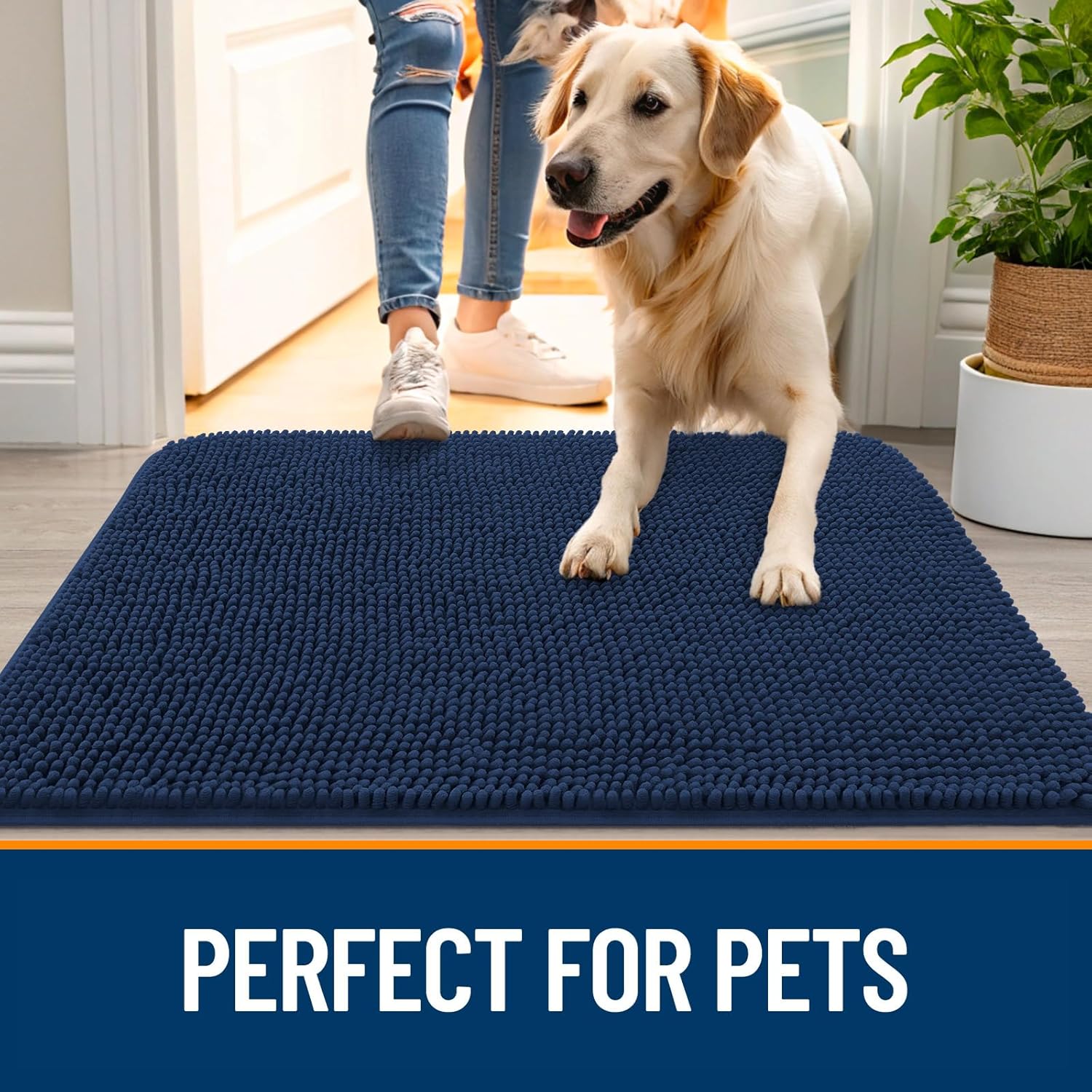 OLANLY Dog Door Mat - Absorbent Non-Slip Chenille Mud Mat for Muddy Paws | 47x24, Dark Blue