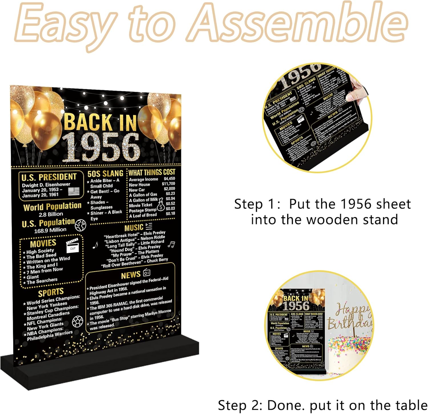 Trgowaul 70th Birthday Decorations - Vintage 1956 Acrylic Table Sign with Stand | Black Gold Theme