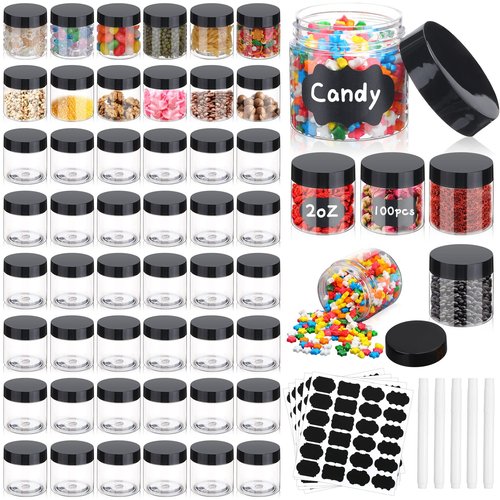 Mimorou 100 Pcs 2 oz Plastic Jars with Lids Wide Mouth Round Clear Containers with Black Label Pen Refillable Airtight Travel Storage Leak Proof Small Jars for Storing Dry Food Spice Cookie Candy