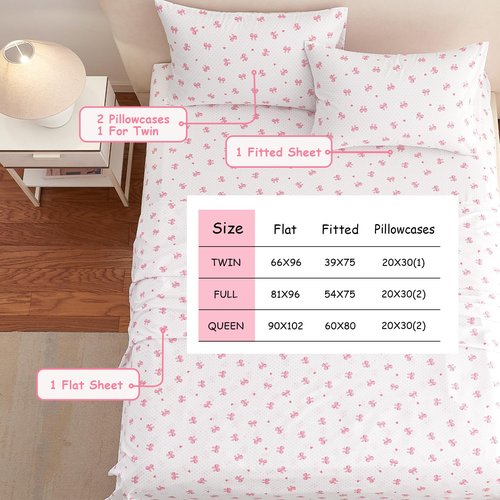 Nayoroom Twin Sheet Set - Cute Pink Bow Bed Sheets Set for Kids Girls, 3 Pieces Soft Microfiber Heart Bed Set with 1 Deep Pocket Fitted Sheet, 1 Flat Sheet, 1 Pillowcase