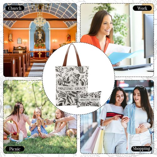 SilTriangle 2 Pcs Christian Tote Bag for Women Gift Canvas Bible Verse Tote Religious Teacher Church Scripture Faith Bags(Amazing Grace)