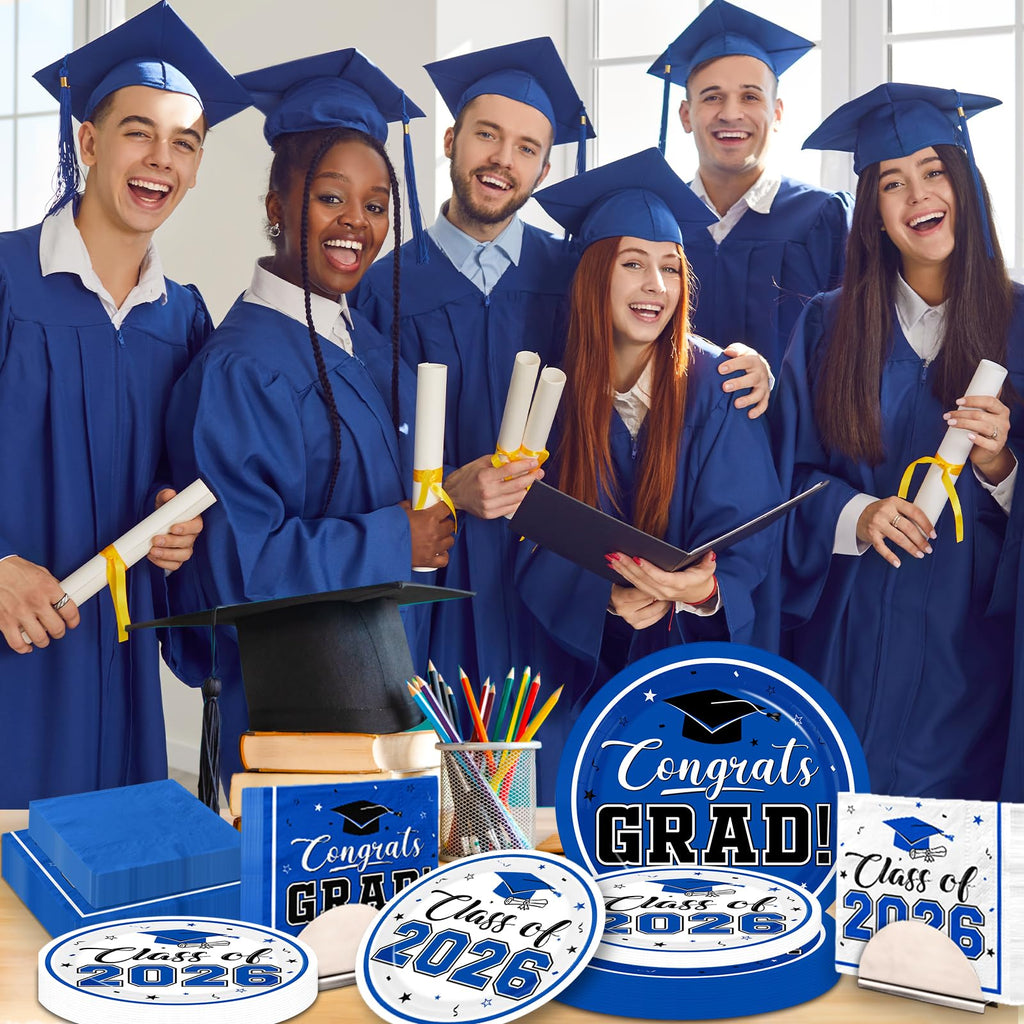Graduation Party Plates and Napkins Blue Class of 2026 Grad Congrats Party Supplies Disposable Dessert Paper Plates Cocktail Napkins forGraduation Party Decorations,Serve 50