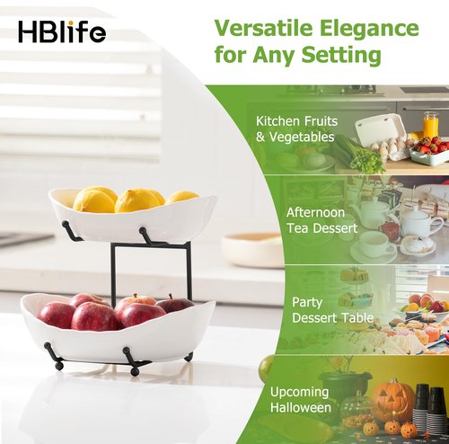 HBlife Fruit Bowl for Kitchen Counter - 2 Tier Ceramic Fruit Rack, Fruit Basket for Fresh Fruit&Veggies, Tiered Fruit Platter Serving Trays for Party