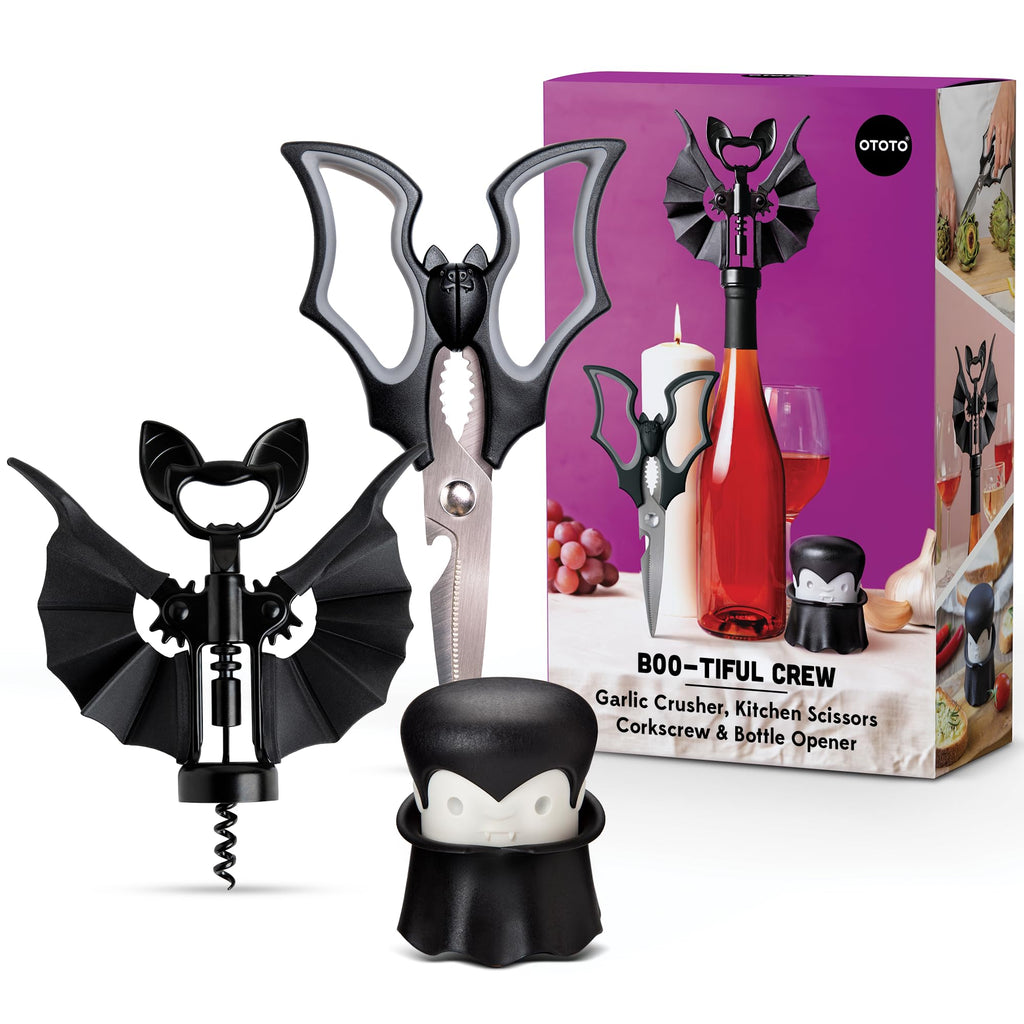 OTOTO Boo-tiful Crew Bundle of Elizabat, Vino, Gracula - Halloween Kitchen Decor Goth Accessories, Cool Kitchen Gadgets, Bat Scissors, Spooky, Witchy Bottle Opener, Garlic Crusher, Spooky Funny Gifts