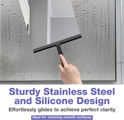 Kincmax Shower Squeegee - Stainless Steel Silicone Tool for Glass Doors & Windows - Medium Black