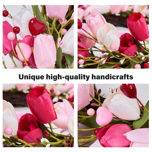 MAINGKAUNG Valentines Day Decorations 20 Inch Valentine's Day Wreath Pink Valentine Wreaths for Front Door with Red Love Heart Berries Pink Tulips Wedding Anniversary Decor