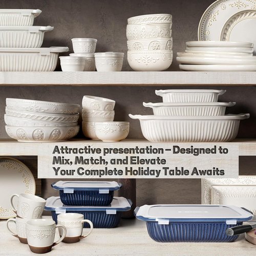 Artena Baking Dish - 5.1 Quart White Ceramic Casserole Pan with Handles | Deep Lasagna Bakeware, Blue