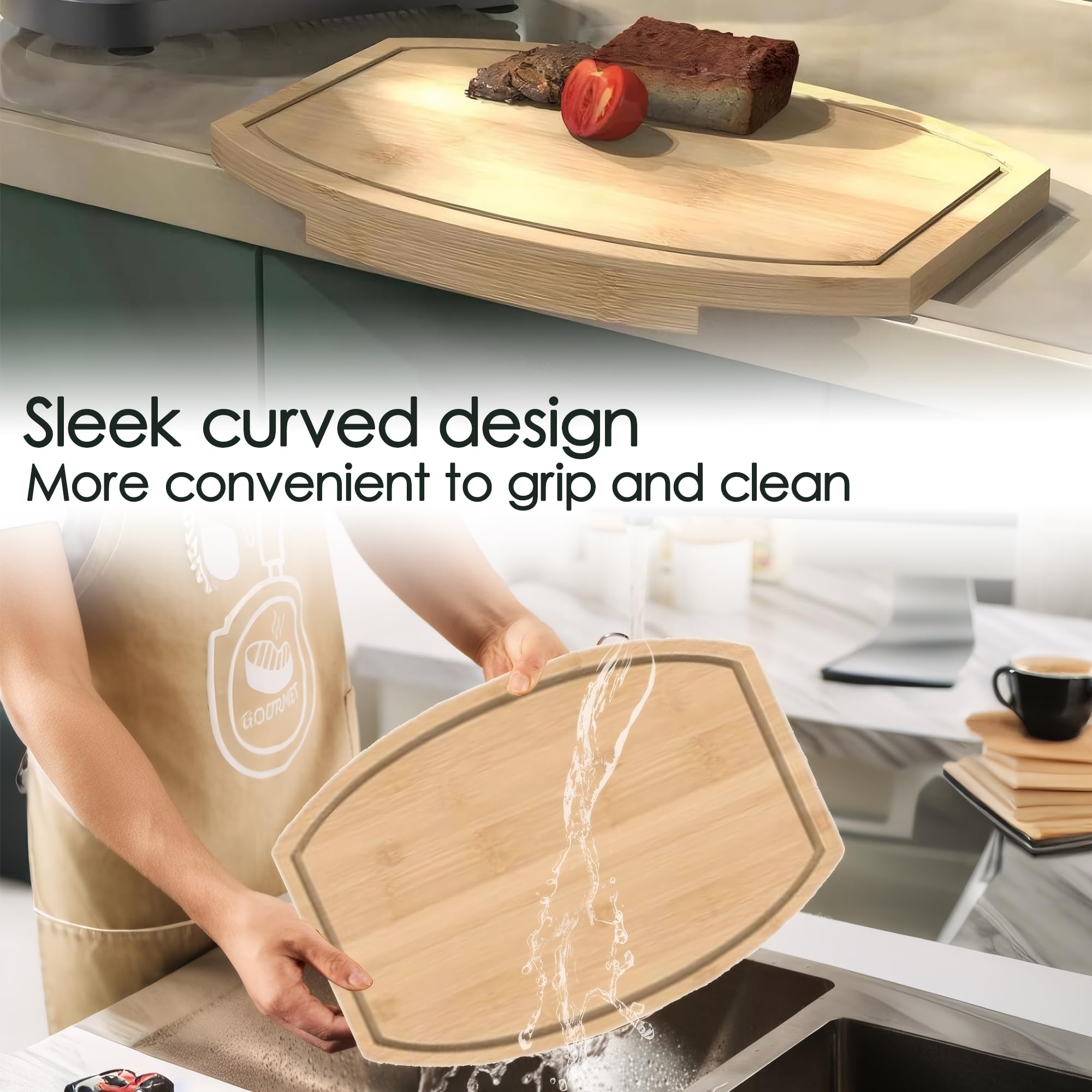 ZYWEICH Kitchen counter Bamboo Wood Corner Cutting Board, Space Saving Countertop Chopping Board with Juice Groove