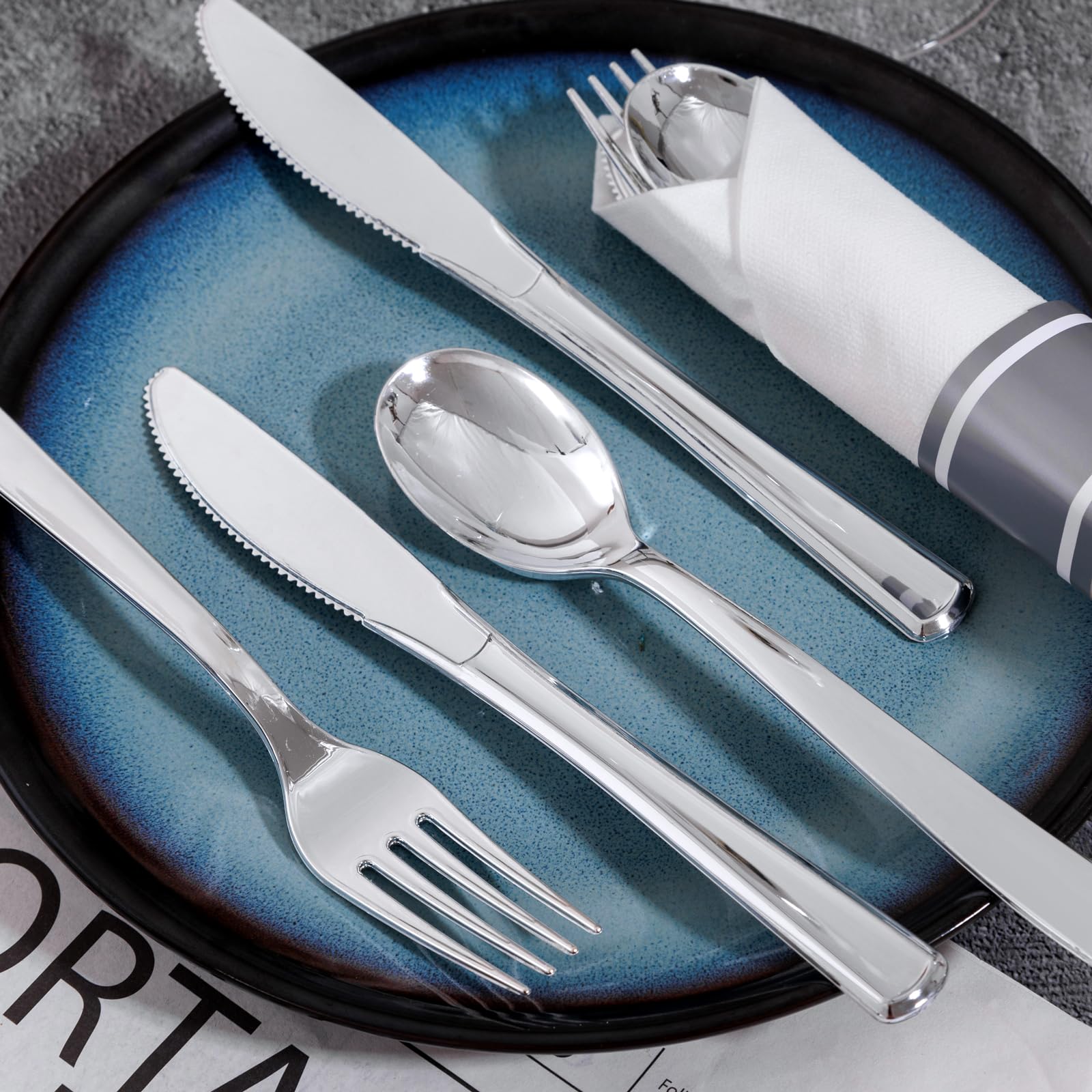 Joyido 400PCS Pre Rolled Silver Plastic Silverware Sets - Heavy Duty Silver Cutlery - Include 100 Pack Wrapped Disposable Utensils with Napkins for Parties & Dinners & Weddings