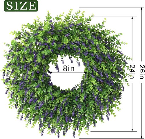Artificial Lavender & Eucalyptus Wreath - 26" UV Resistant Faux Greenery for Front Door & Outdoor Decor