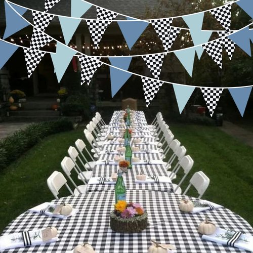 32Ft Racing Party Decorations Dusty Blue Black White Checkered Racing Car Fabric Banner Triangle Flag Pennant Garland Streamers for Boys Race Car Birthday Racetrack Baby Shower NASCAR Picnic Decor