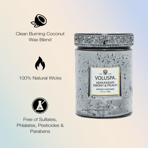 Voluspa Makassar Ebony & Peach, Small Candle Jar, 5.5 oz, 50 Hour Burn Time, Coconut Wax for Clean Burning, Handcrafted in The USA