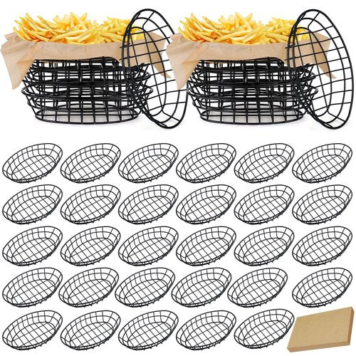 Yiyiring 30 Pcs Black Wire Bread Basket 9.5 x 6.2 x 2.2 Inch Oval Metal Dinner Roll Baskets for Serving Fruit Bowl Storage with 150 Sheets Deli Wrappers Paper for Kitchen Table Fast Food