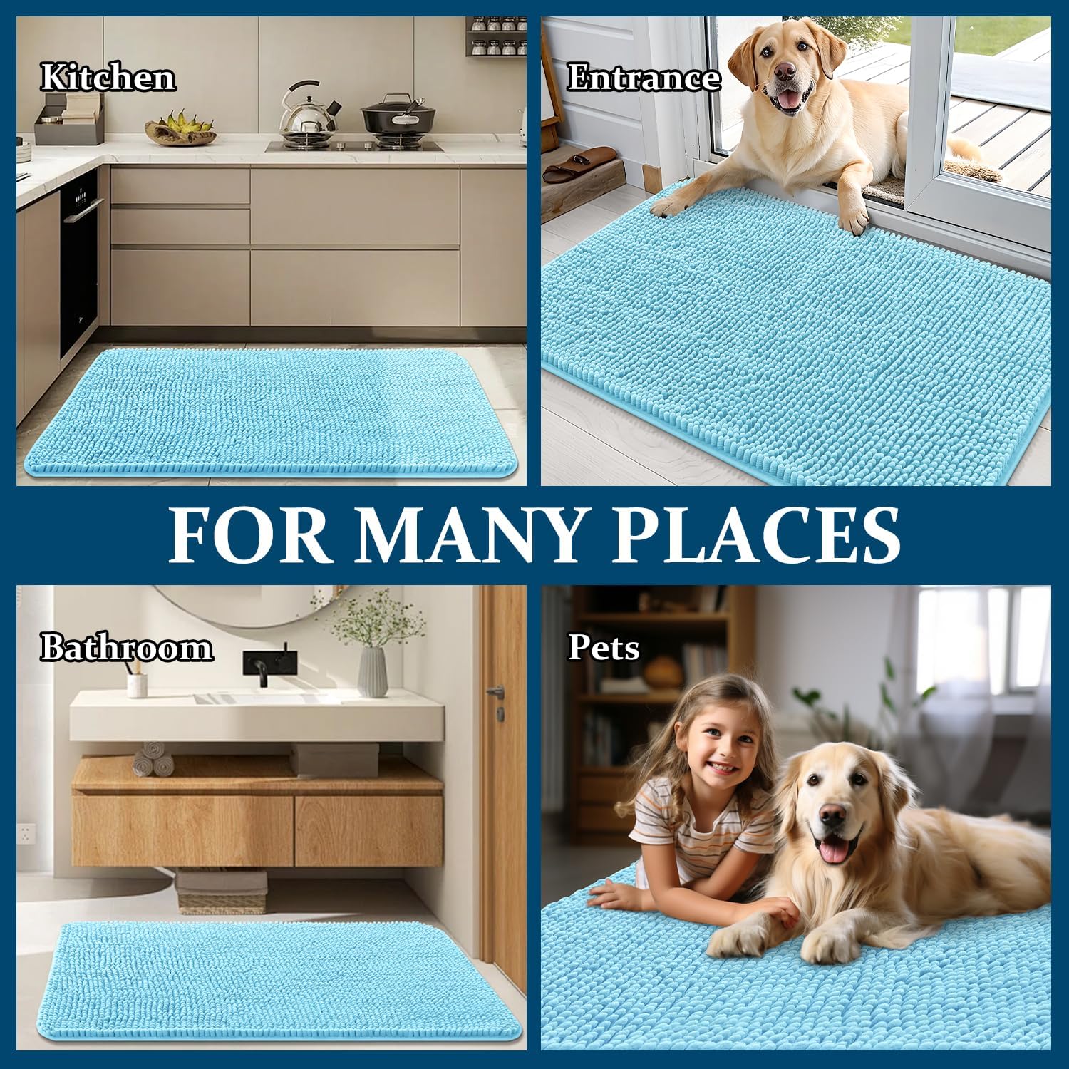 OLANLY Dog Door Mat - Absorbent Non-Slip Washable Doormat for Muddy Paws | 47x20, Quick Dry Chenille, Blue