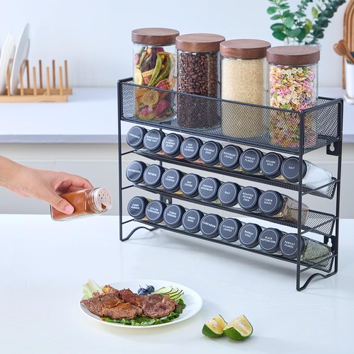 Fiwence Spice Rack Organizer with 27 Spice Jars with Black Lids, Funnel, Spice Labels, Pen, Seasoning Organizer for Cabinet, Countertop, Pantry, Kitchen,Cupboard or Door & Wall Mount